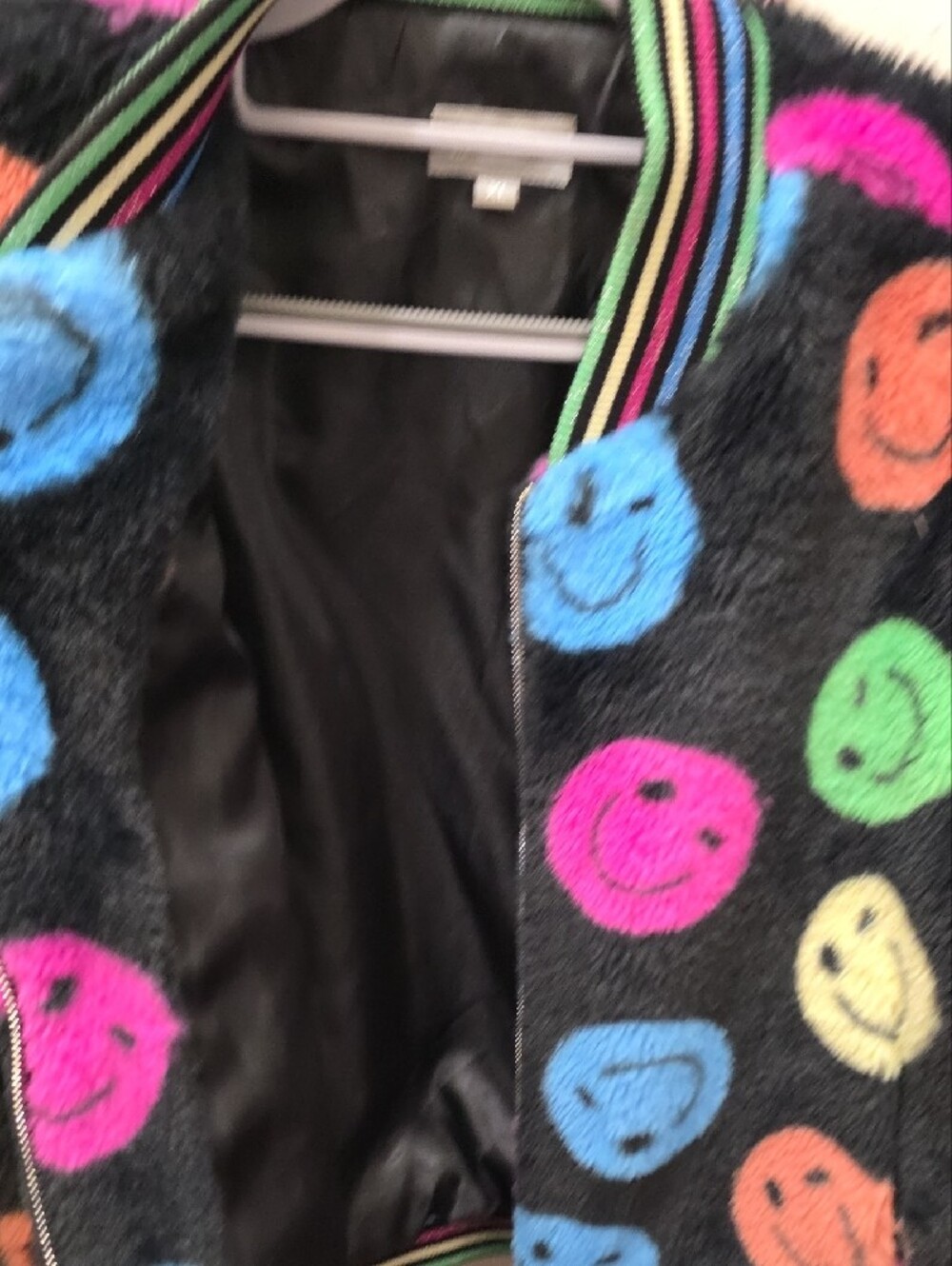Fuzzy Black Bomber Jacket with Multicolor Smiley Faces - Picture 2 of 4